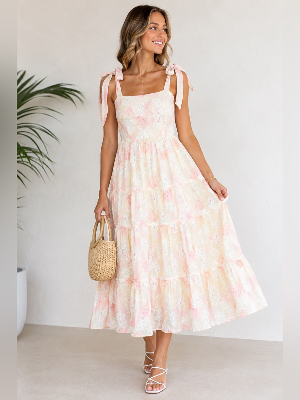 Storia Floral Embroidered Tiered Midi Dress Tie Straps Pink Cream Size L NWT